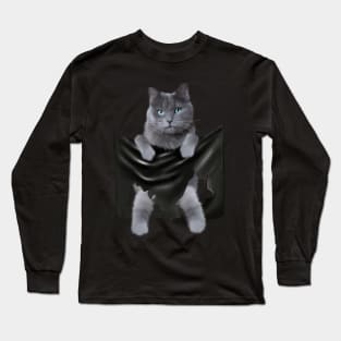 Russian blue Cat inside Pocket, Funny Cat Lover Long Sleeve T-Shirt